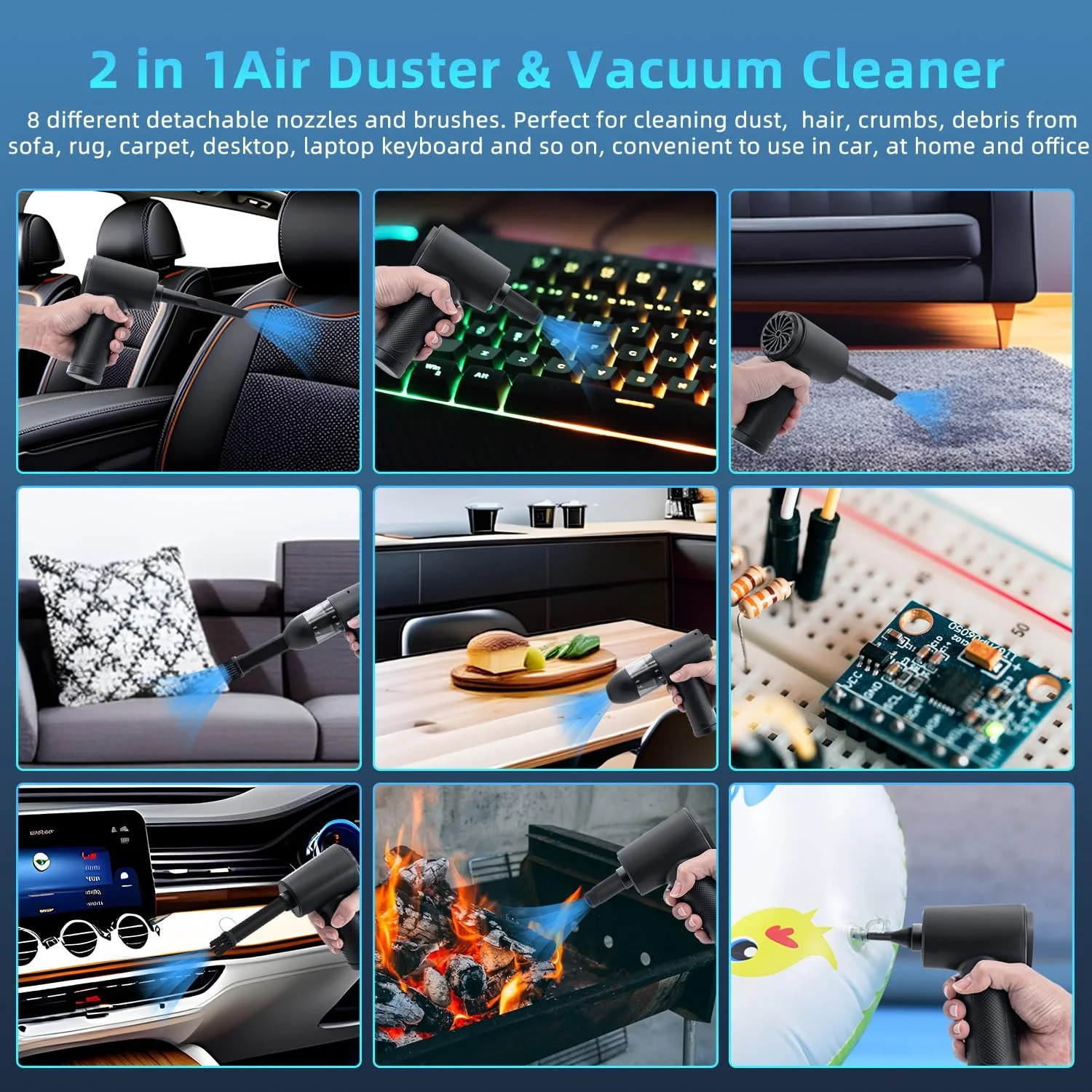 Электрическая воздуходувка и пылесос 2-в-1 Mcbazel 43000/47000/51000 RPM 8 насадок и щетка, фото №5