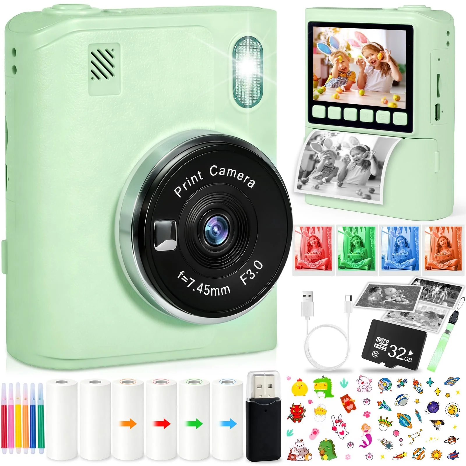 Детская фотокамера мгновенной печати 1080P HD 2.4 дюйма 32GB 6 рулонов бумаги, фото №1