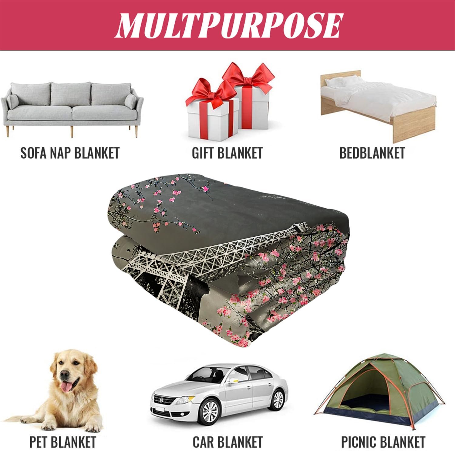 Одеяло YISUMEI Мягкое фланелевое одеяло Кровать Париж Эйфелева башня Цветы, 150 x 200 см, фото №5