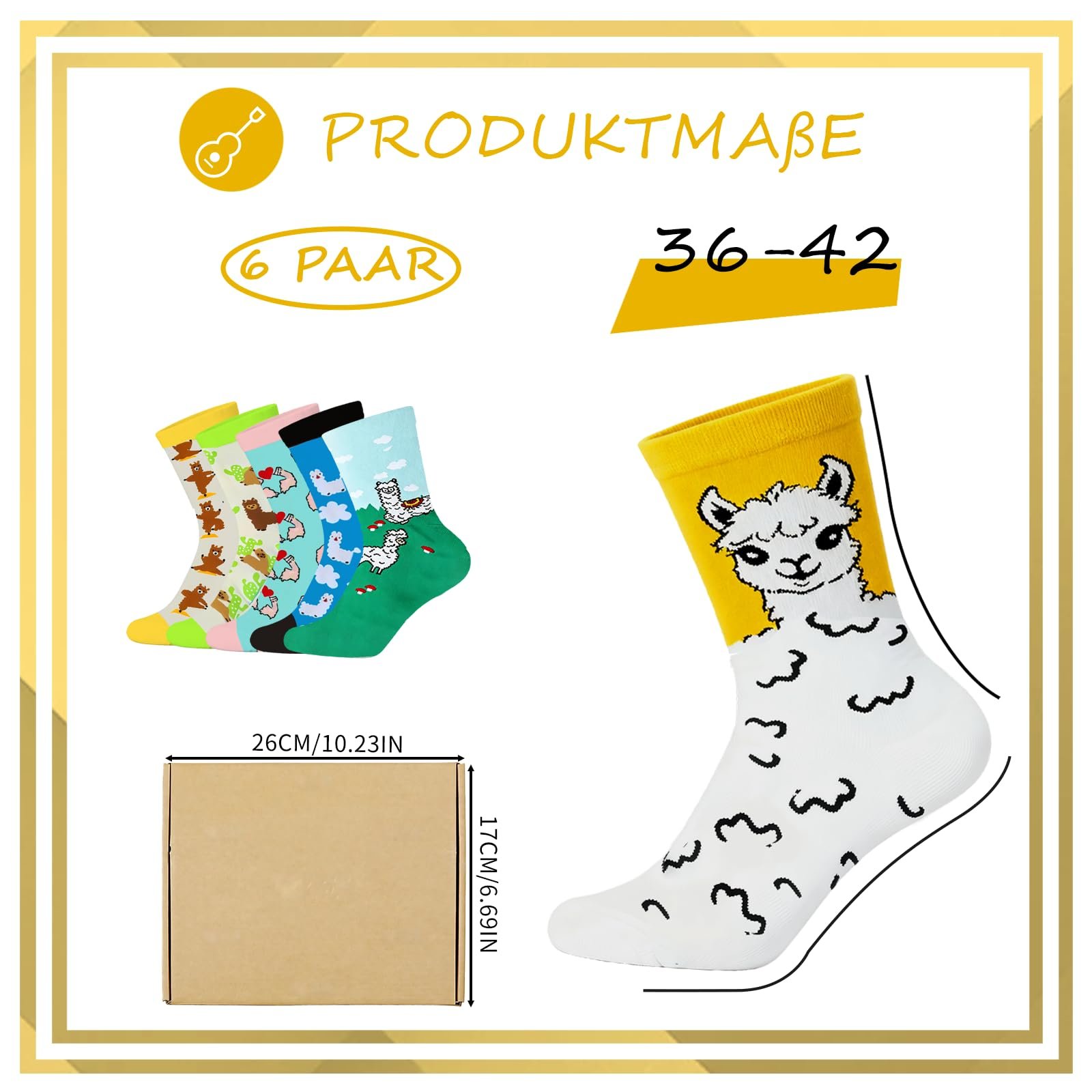 Носки с забавным мотивом альпаки (6 пар) 36-42 - Разноцветные хлопковые носки с дизайном животных, удобные повседневные носки, мягкий подарок для женщин и девушек, фото №2