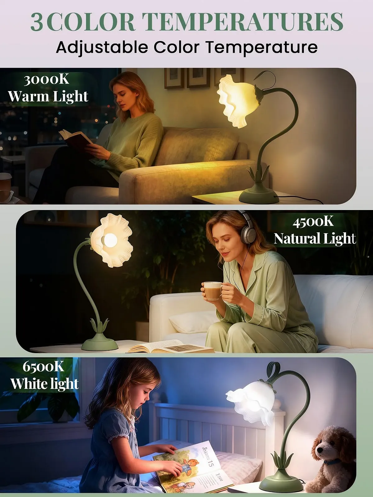 Настільна лампа Flower Vintage LED 3 режими кольору Гнучка E27 Green, фото №2