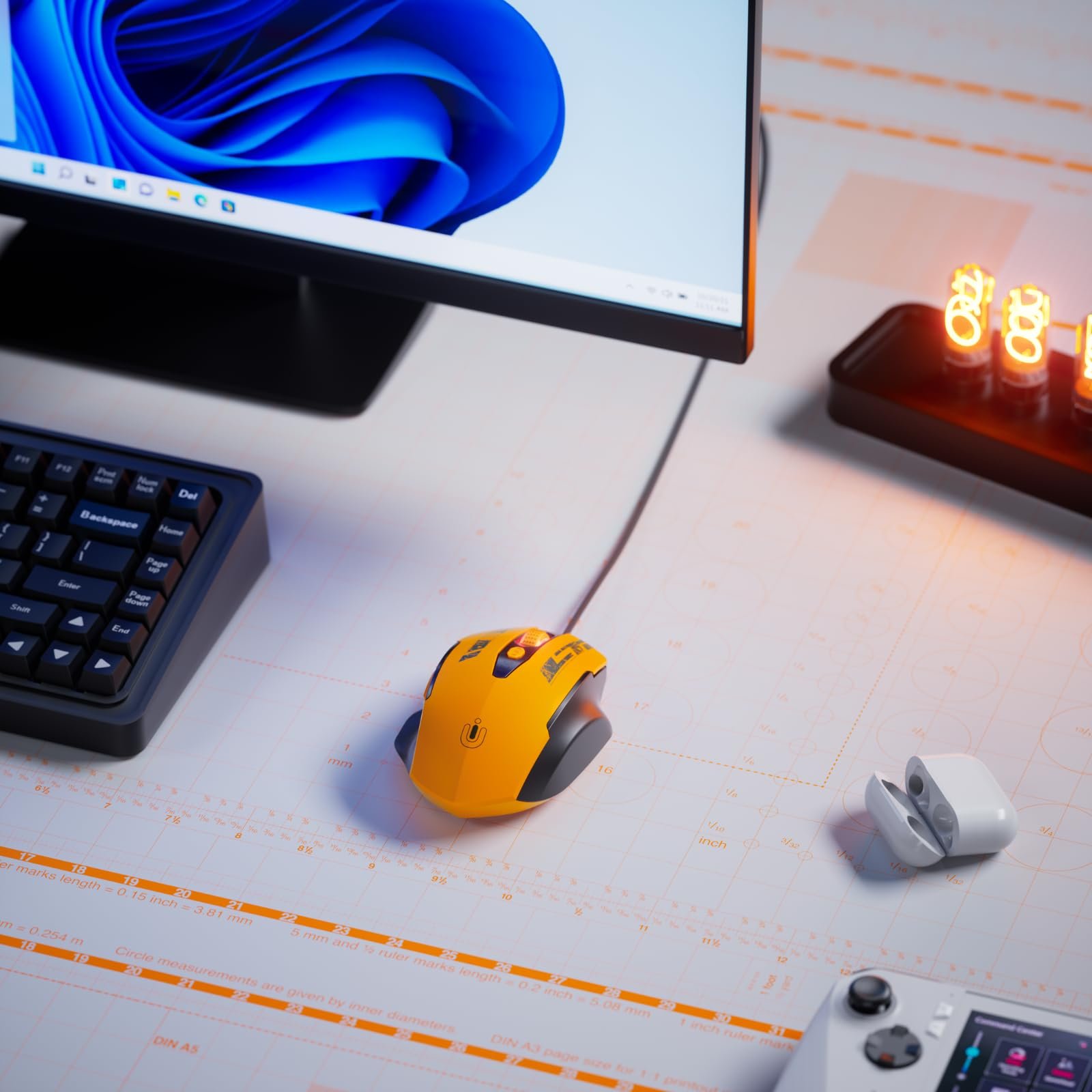 Миша Uineer дротова, ергономічний дизайн, до 7200 DPI регульована, 6 кнопок, комп'ютерна, PC, для ноутбука, комп'ютера, Plug & Play, матова жовта, фото №6