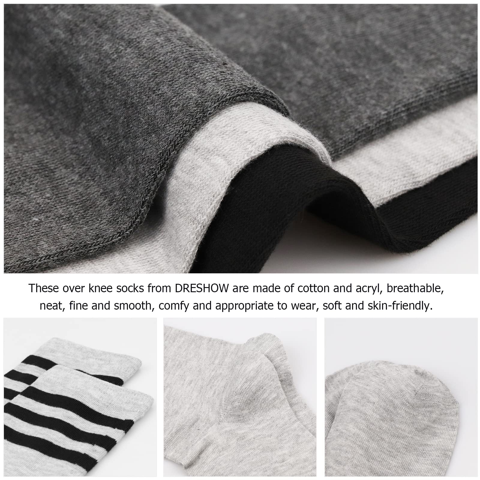 Гольфы DRESHOW 3 пары женские выше колена Гетры выше колена Длинные полосатые носки Школьные вязаные спортивные носки, фото №4