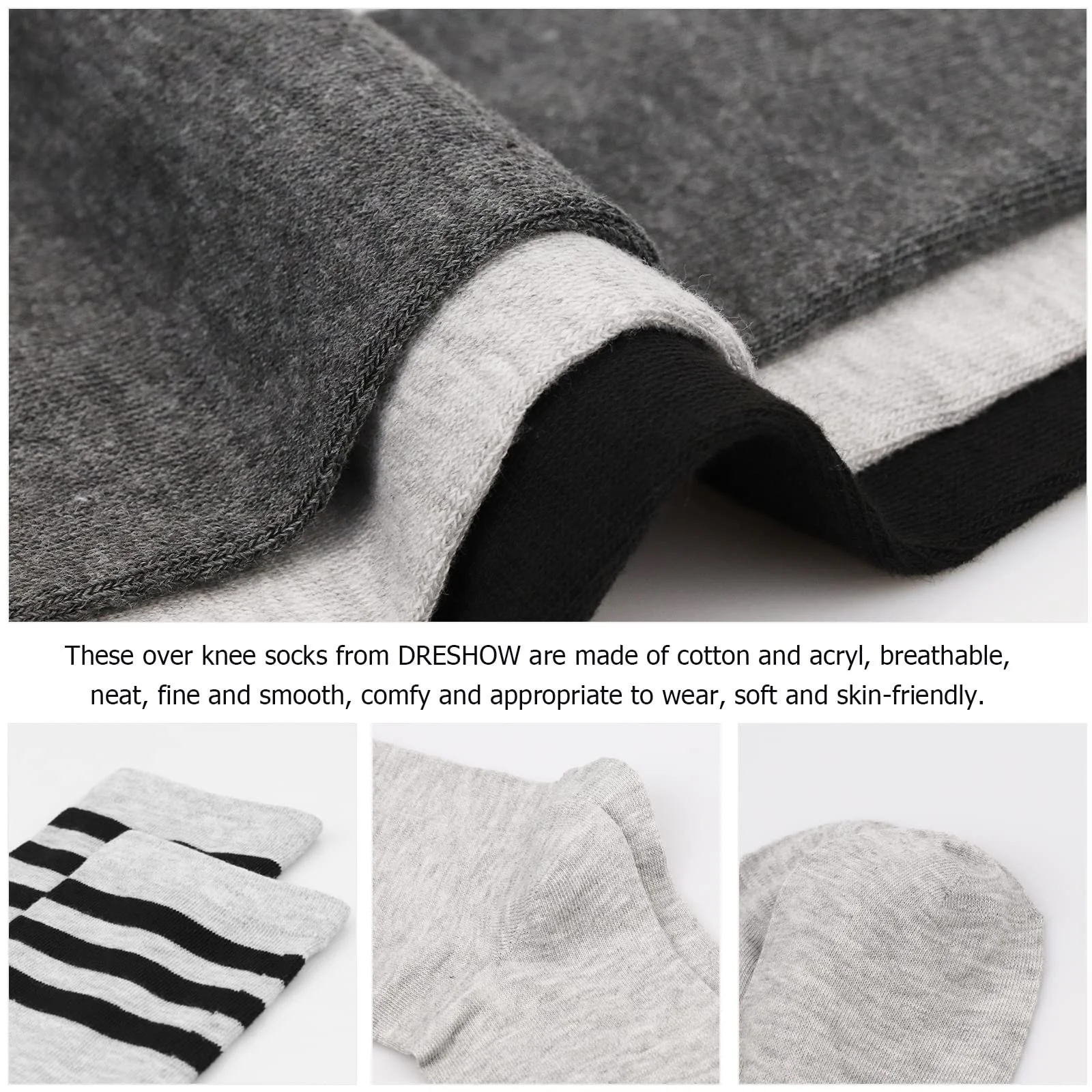 Гольфы DRESHOW 3 пары женские выше колена Гетры выше колена Длинные полосатые носки Школьные вязаные спортивные носки, фото №4