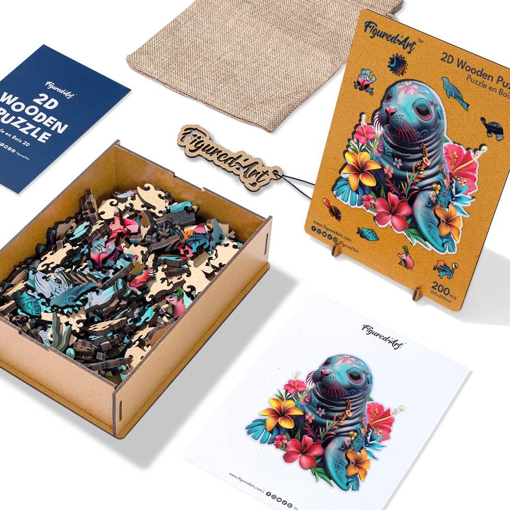 Дерев'яний пазл Figured'Art Animals Seal and Flowers 200 елементів 26.5 x 28.5 см унікальна форма дерев'яна коробка, фото №6