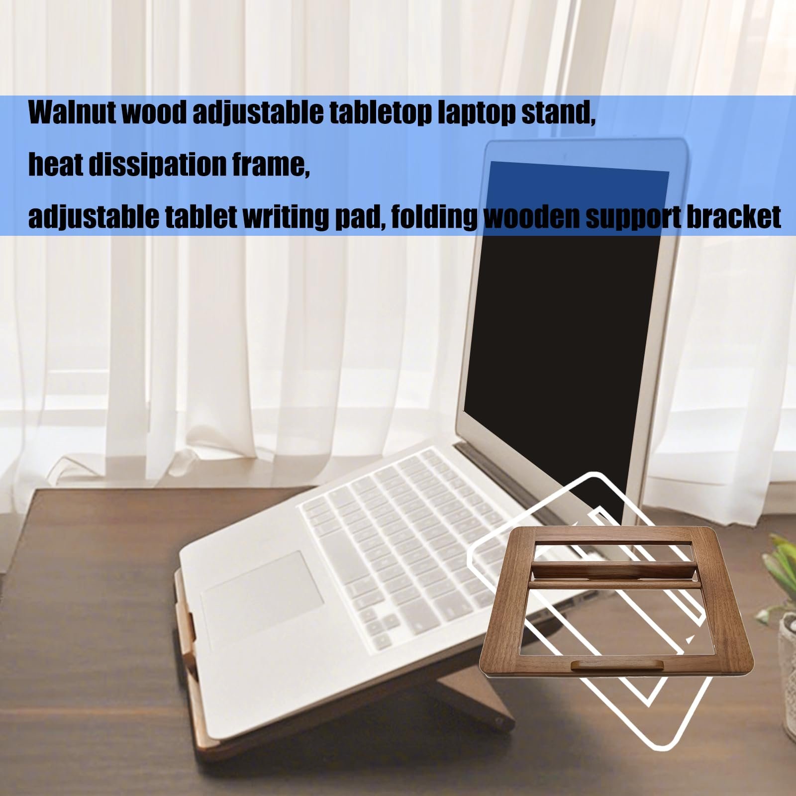 Підставка для ноутбука з дерева волоського горіха, регульована, багатоцільова, фото №8