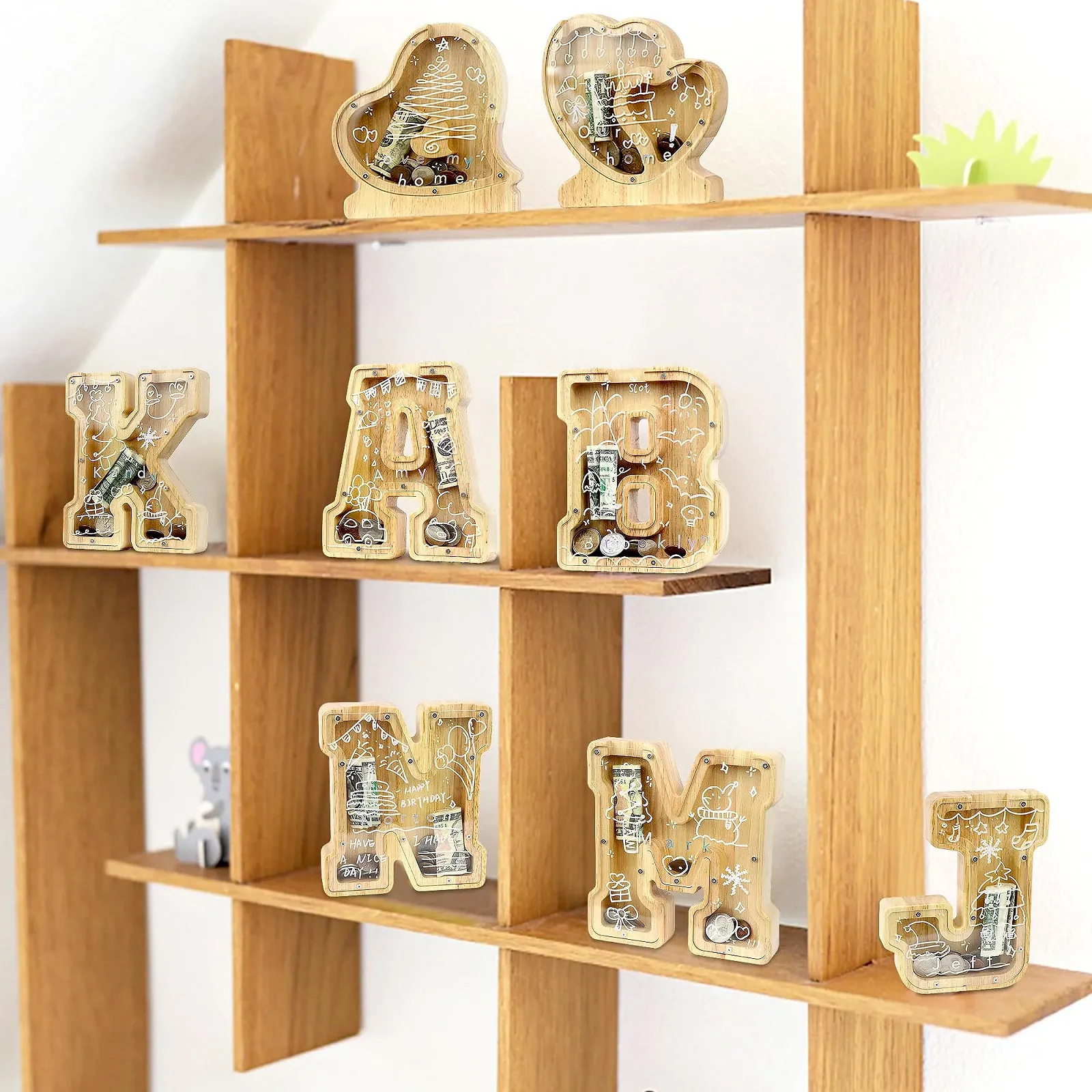 Копилка Lakpopya E деревянная прозрачная в форме буквы с маркером и наклейками 18 см, фото №5