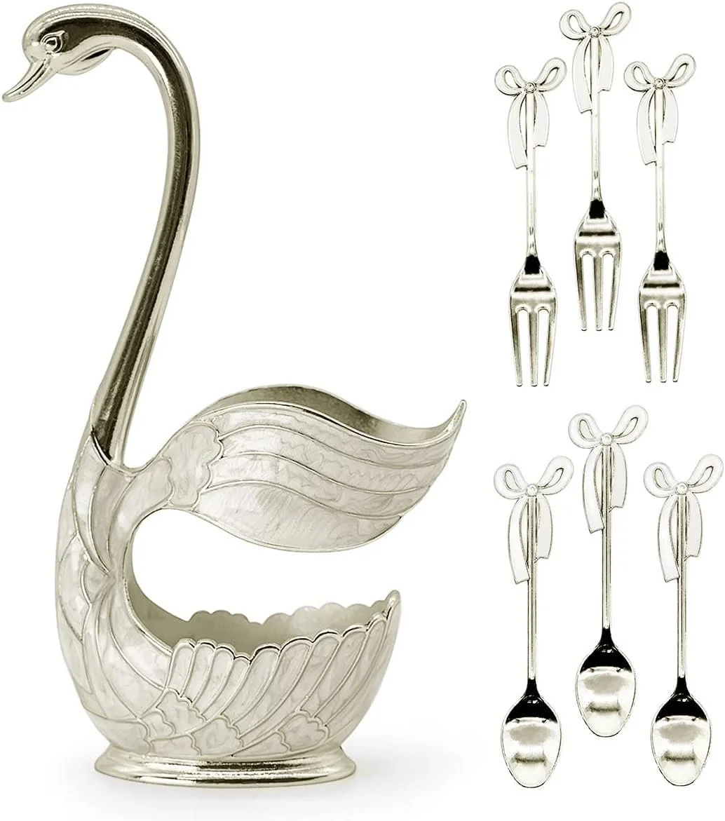 Ложка для кави з підставкою у формі лебедя набір 6 шт. Сріблястий (3 ложки, 3 виделки), фото №1