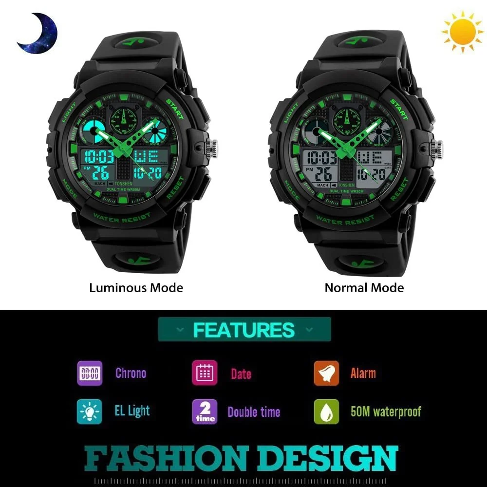 Часы цифровые мужские спортивные LED TONSHEN Military черные, пластиковые, силиконовый ремешок, аналоговые кварцевые, двойное время, 50 м водонепроницаемость, фото №4 Часы цифровые мужские спортивные LED TONSHEN Military черные, пластиковые, силиконовый ремешок, аналоговые кварцевые, двойное время, 50 м водонепроницаемость, фото №4