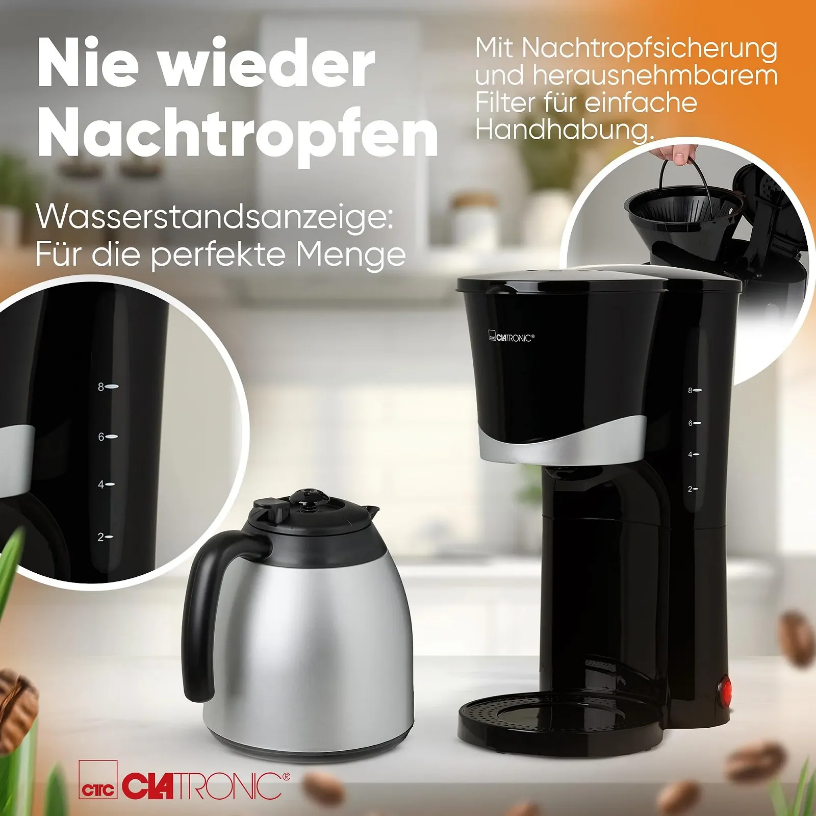 Кофеварка Clatronic KA 3327 с термоколбой на 8-10 чашек кофе, фильтр-кофеварка, 1 литр, черная, фото №4 Кофеварка Clatronic KA 3327 с термоколбой на 8-10 чашек кофе, фильтр-кофеварка, 1 литр, черная, фото №4