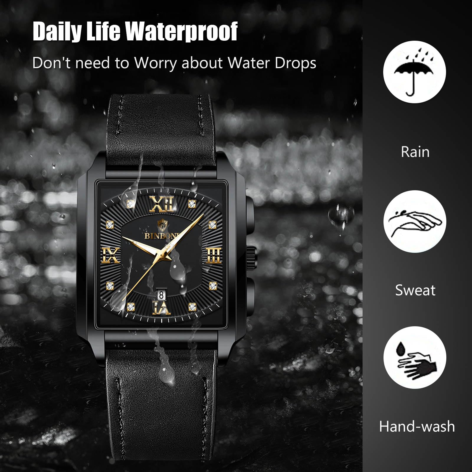 Часы rorios Кварцевые Мужские Квадратные Водонепроницаемые с Бриллиантами Календарь Светящийся Нержавеющая Сталь, фото №4