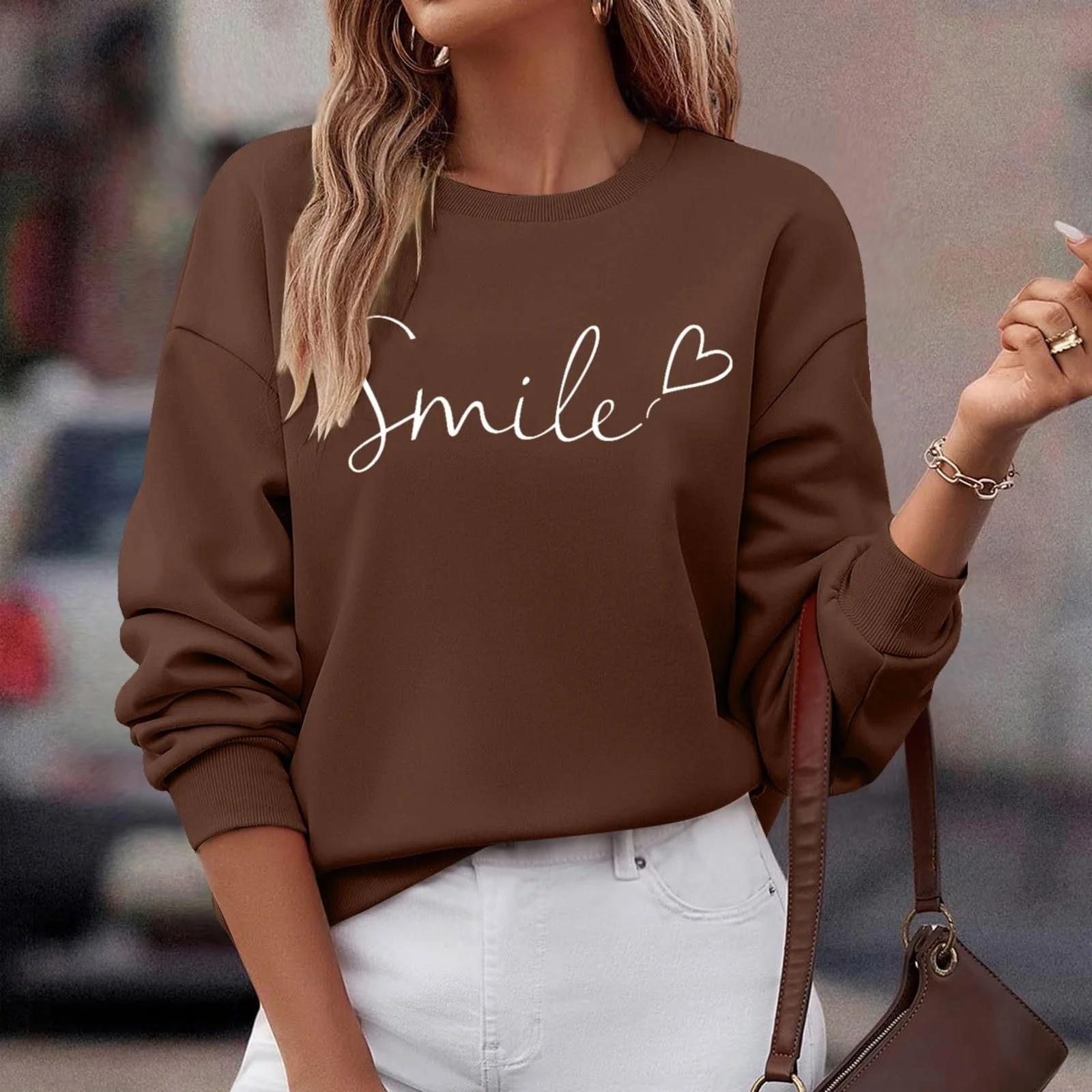 Трендовые женские свитшоты со смайликом для женщин, с круглым вырезом, осенняя одежда, буква, повседневный, модный, однотонный, милый, свитшоты, комфорт для тренировок, свободный крой, фото №4