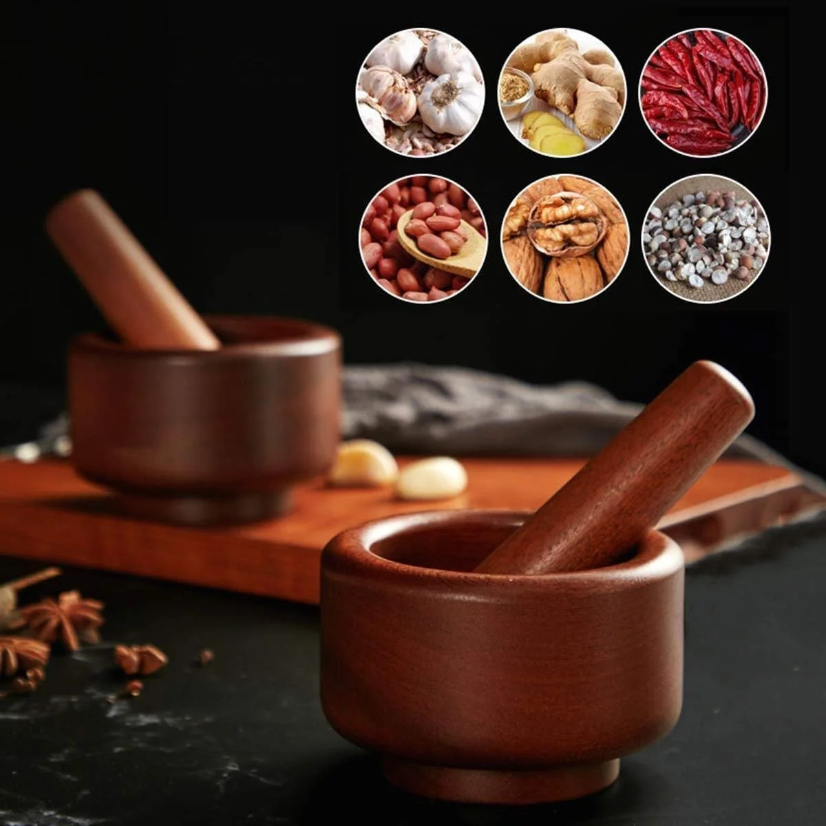 Ступка Деревʼяна з товкачиком Набір Чаша для подрібнення часнику Спеції Подрібнювач Ручний, фото №6