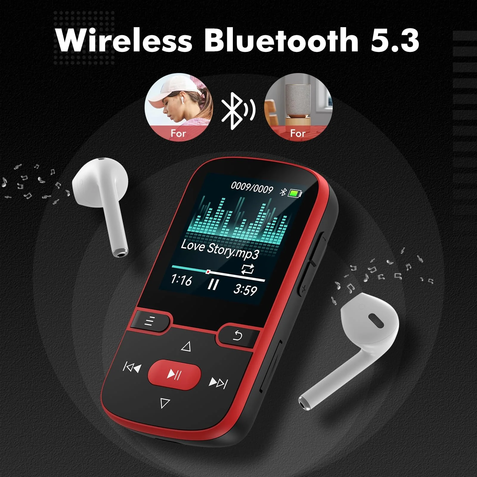 MP3-плеер 64 GB Bluetooth 5.3 с клипсой, детский HiFi спортивный музыкальный плеер, 1.5-дюймовый экран, FM-радио/шагомер/диктофон, вес 28 г, TF-карта до 128G, фото №2