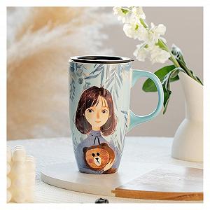 Кружка керамическая с большой емкостью, расписанная вручную, для офиса, для воды с крышкой и ложкой, для дома, для девушки, для кофе, фарфоровая (Цвет: A) (A b) (Цвет: C, Размер: B) (Цвет: Серый, Размер: - Фото 1