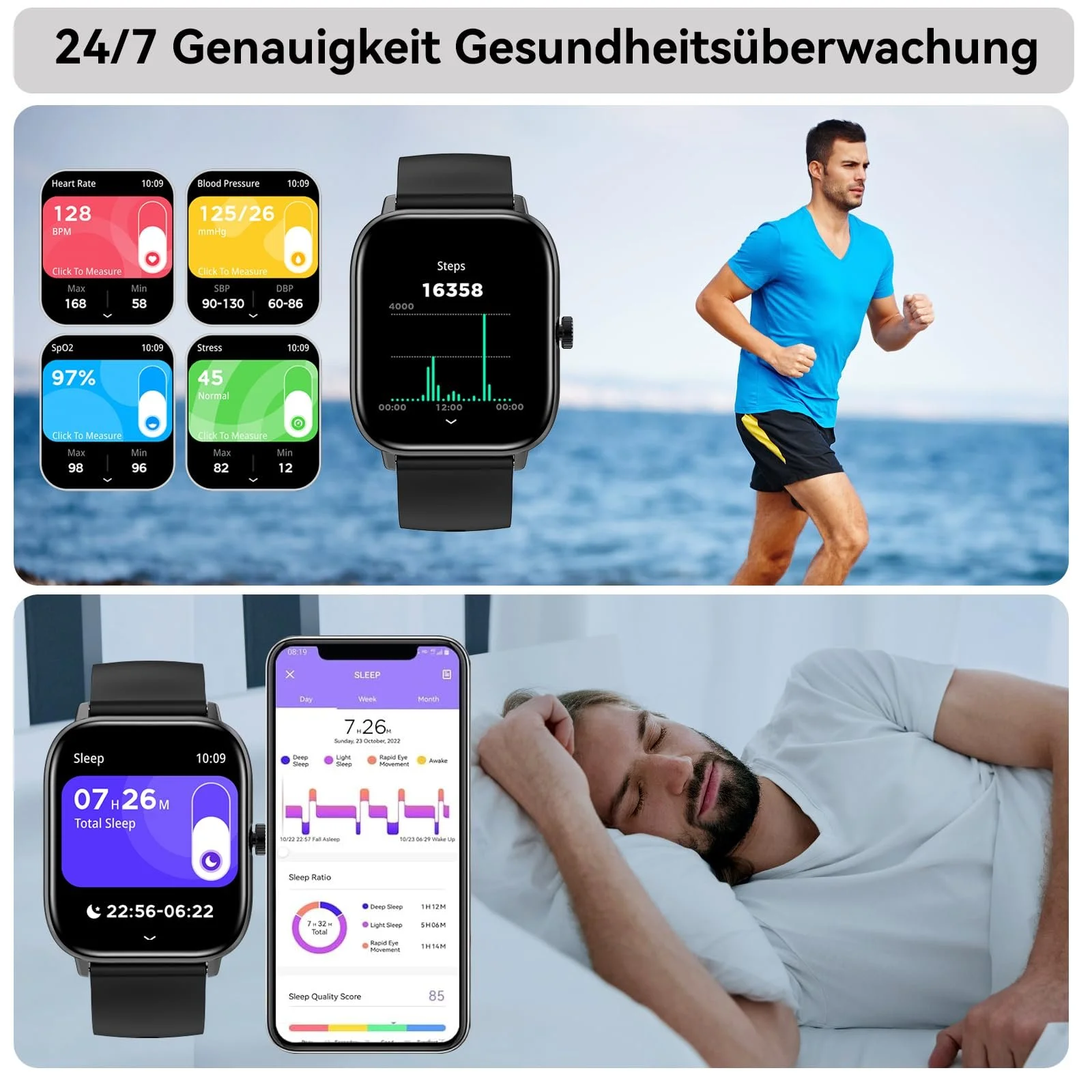 Смартгодинник Bebinca Жіночий / Чоловічий з функцією телефону, 1,85 дюймовий HD квадратний сенсорний екран, фото №4