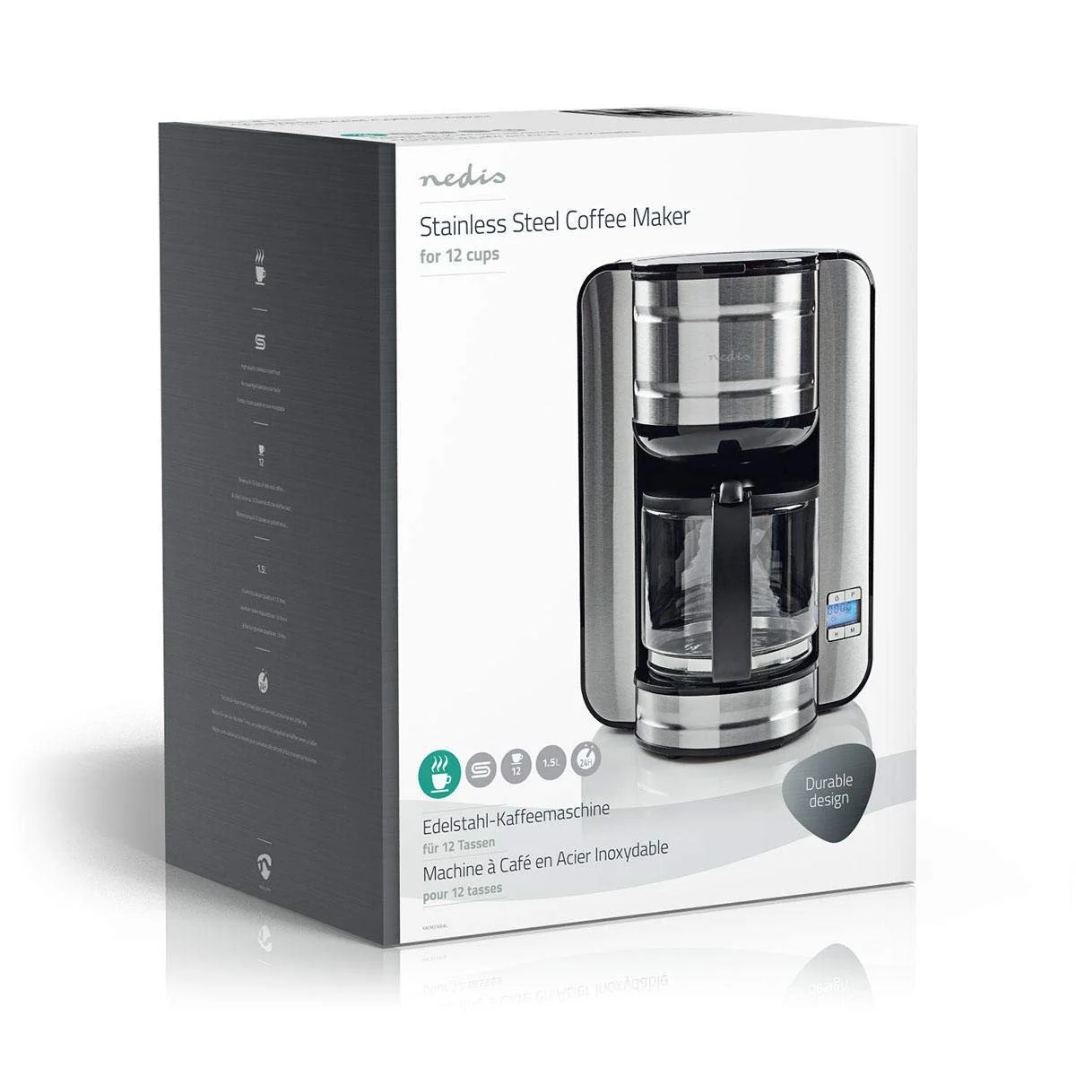 Кофеварка NEDIS KACM210EAL 12 чашек таймер 24 часа нержавеющая сталь, фото №9