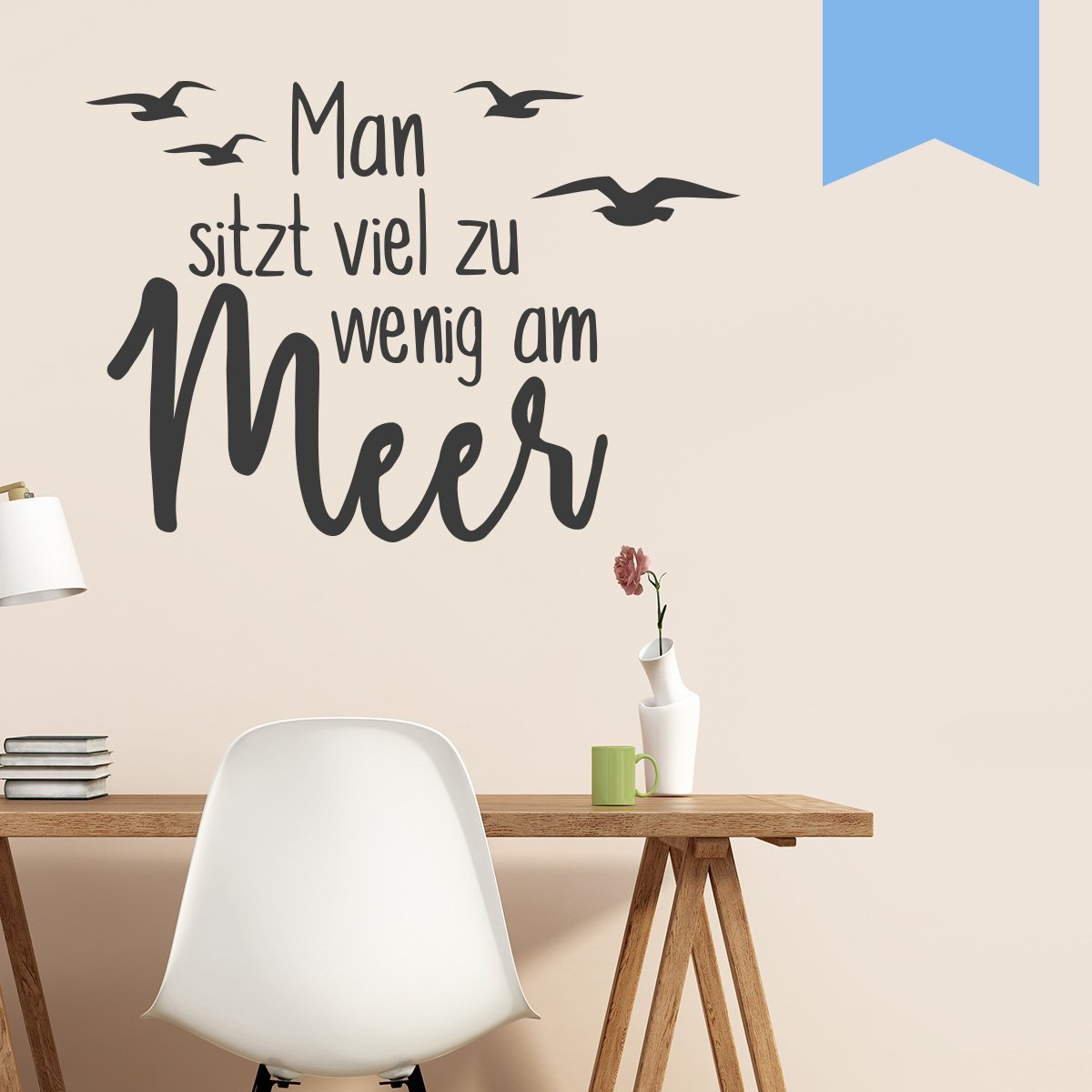 Наклейка на стіну WANDKINGS "Man sitzt viel zu wenig am Meer" 50 x 35 см Blue, фото №1