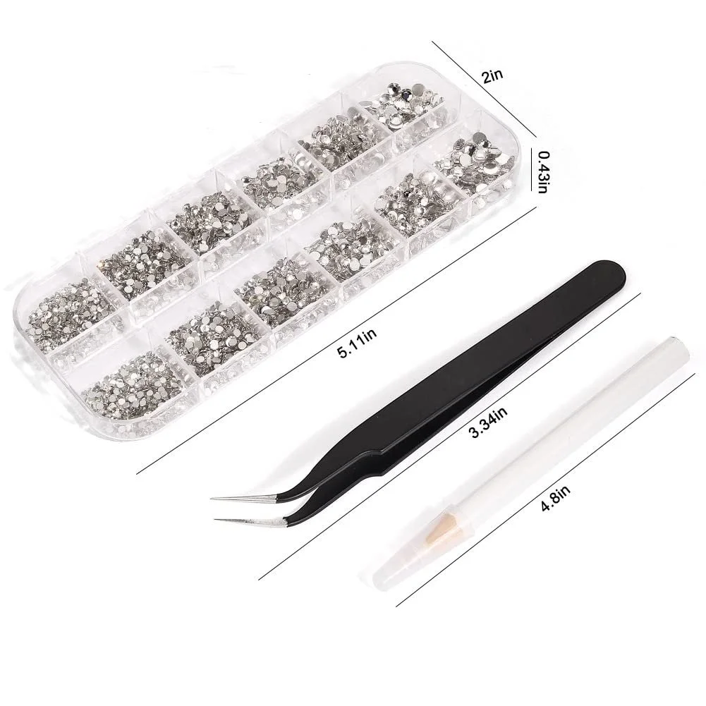 Стразы для ногтей Стекло 6 Размеров (SS4-SS16) Плоские Стразы для Рукоделия Набор Бриллиантовых Камней с Ручкой и Пинцетом Смешанный + Белый, фото №4