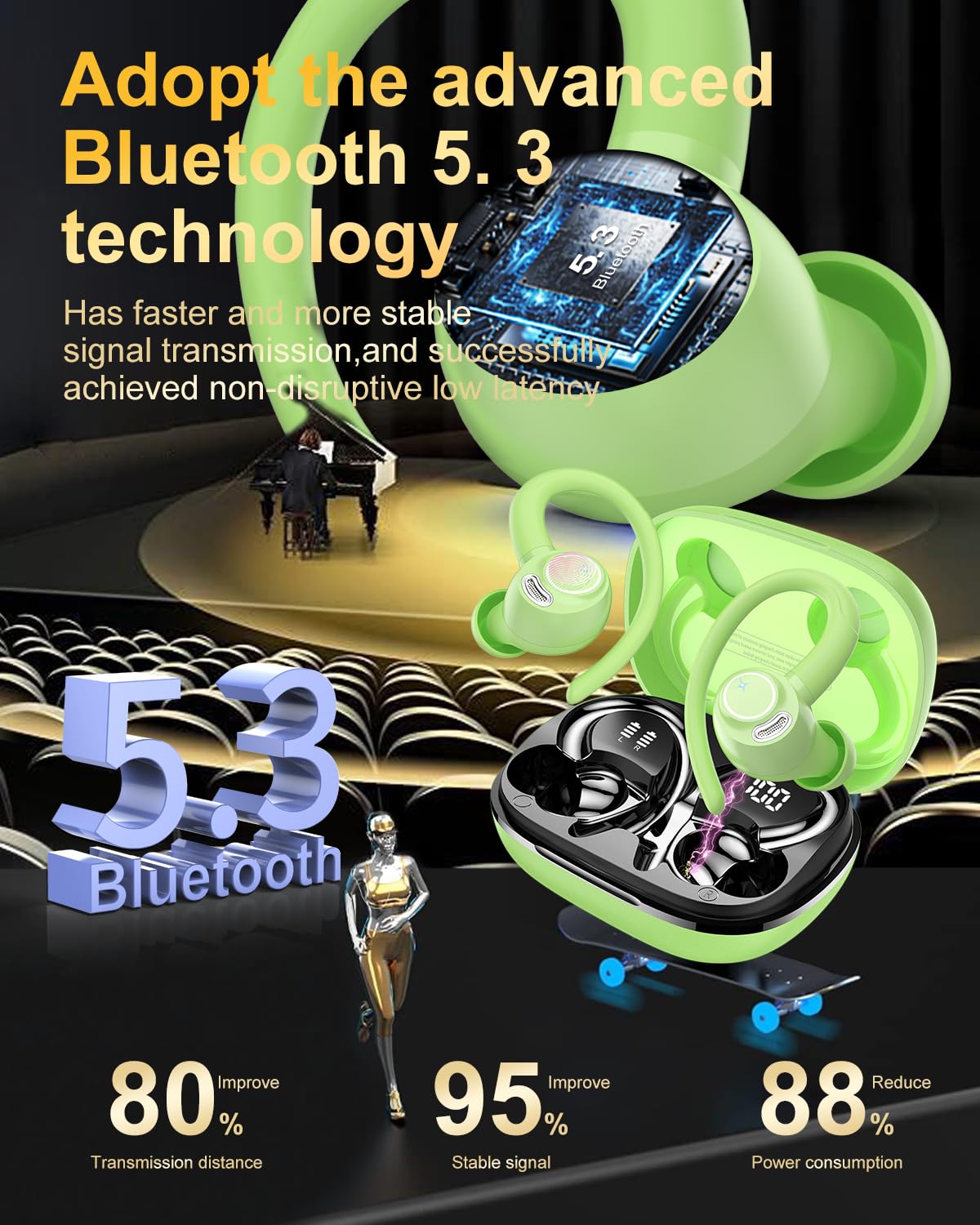 Навушники Bluetooth Спортивні Вкладиші Бездротові Bluetooth 5.3 HD Мікрофон, Видатний Звук, 40 Годин Відтворення, Комфортна Посадка, Подвійний Світлодіодний Дисплей, IP7 Водонепроникні Зелені, фото №3