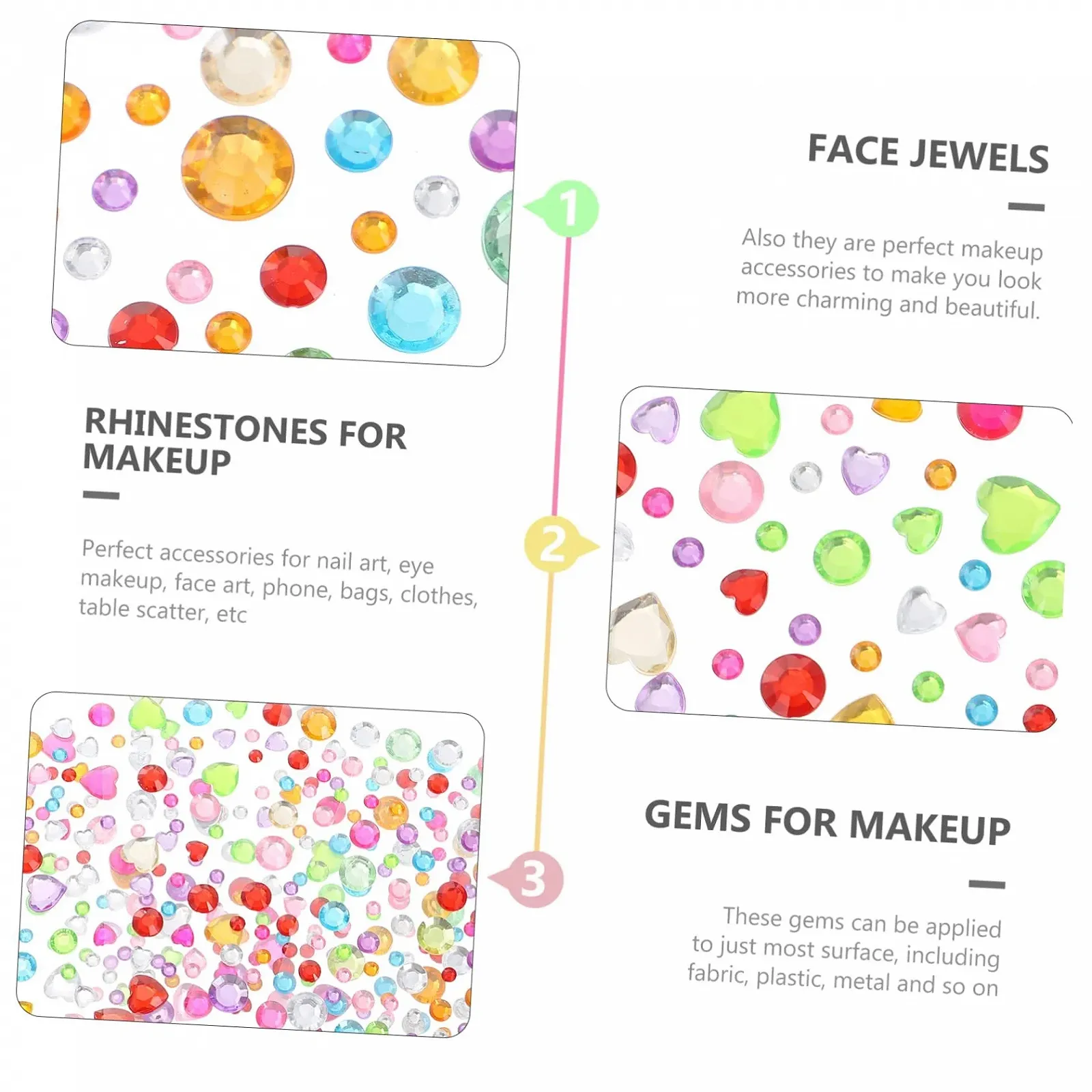12 листов Наклейки со стразами для лица Стразы для лица Клей для лица Стразы для макияжа Сердце Стразы для ногтей Ювелирные изделия для ногтей Сердце Самоцветы для лица Наклейки, фото №5