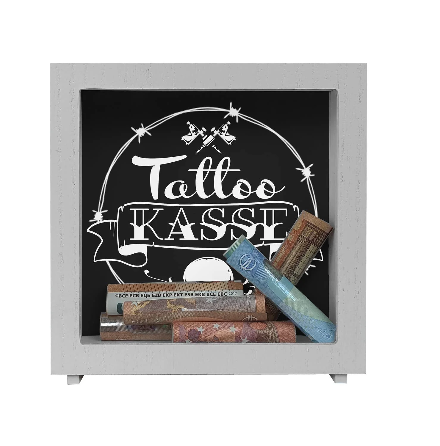 Скарбничка дерев'яна керамічна з тату-мотивами чорна Tattoo Cash, фото №5