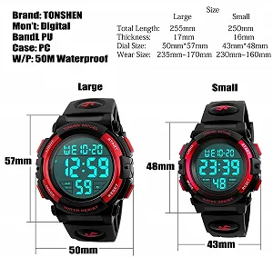 Цифровые спортивные LED часы TONSHEN для мужчин, водонепроницаемые, военные, время 12/24 ч, электронные с большими цифрами, армейские часы, пластиковый корпус с резиновым ремешком, секундомер, дата, будильник, подсветка - Красный synthetic.ua - Фото 1