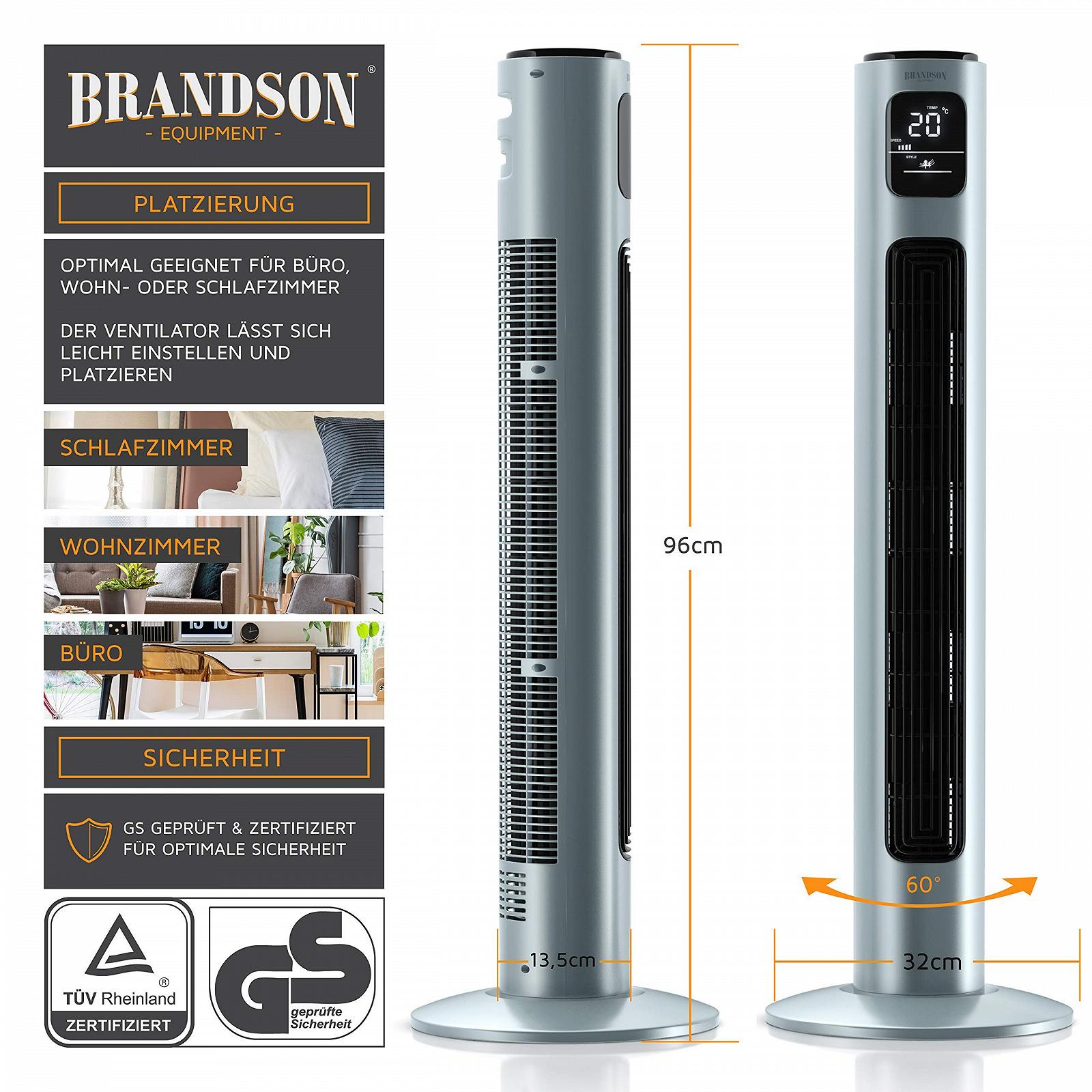 Вентилятор Башенный Brandson с пультом ДУ, 96 см, 3 уровня скорости, oscillation 60°, Ледяной Серый, фото №3