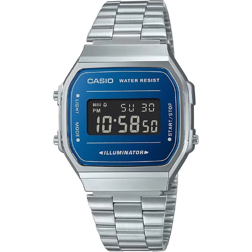 Унисекс Часы Casio A168WEM-2BEF Кварцевые 38.60 мм Синий Цифровой Циферблат Серебряный Металлический Браслет, фото №1