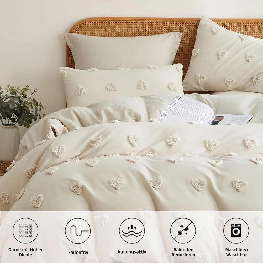 Комплект постільної білизни Freyamy Bohemian Tufted Heart 135 x 200 см + 80 x 80 см, 2 елементи, мікрофібра, на блискавці, бежевий, фото №4