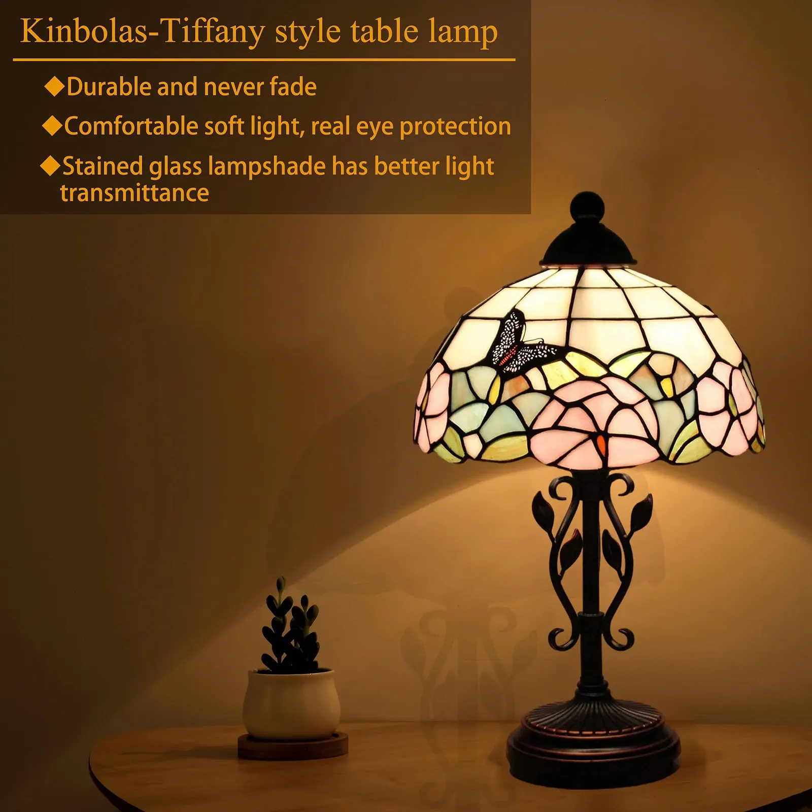 Настільна лампа Kinbolas Tiffany Style Butterfly Кольорове скло Основа зі смоли E27 25 см, фото №5