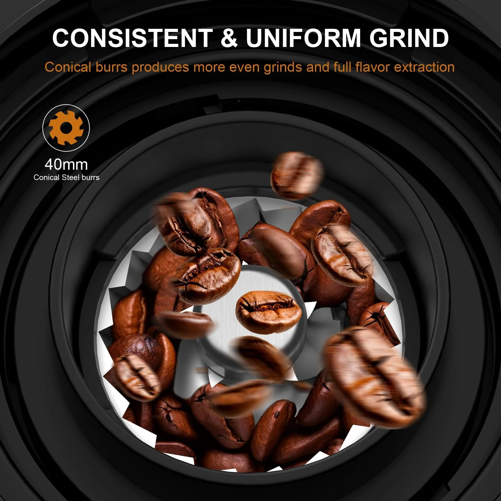 Кавомолка електрична KIRAINAFLY Конічна 25 рівнів помелу Чорний, фото №2 Кавомолка електрична KIRAINAFLY Конічна 25 рівнів помелу Чорний, фото №2