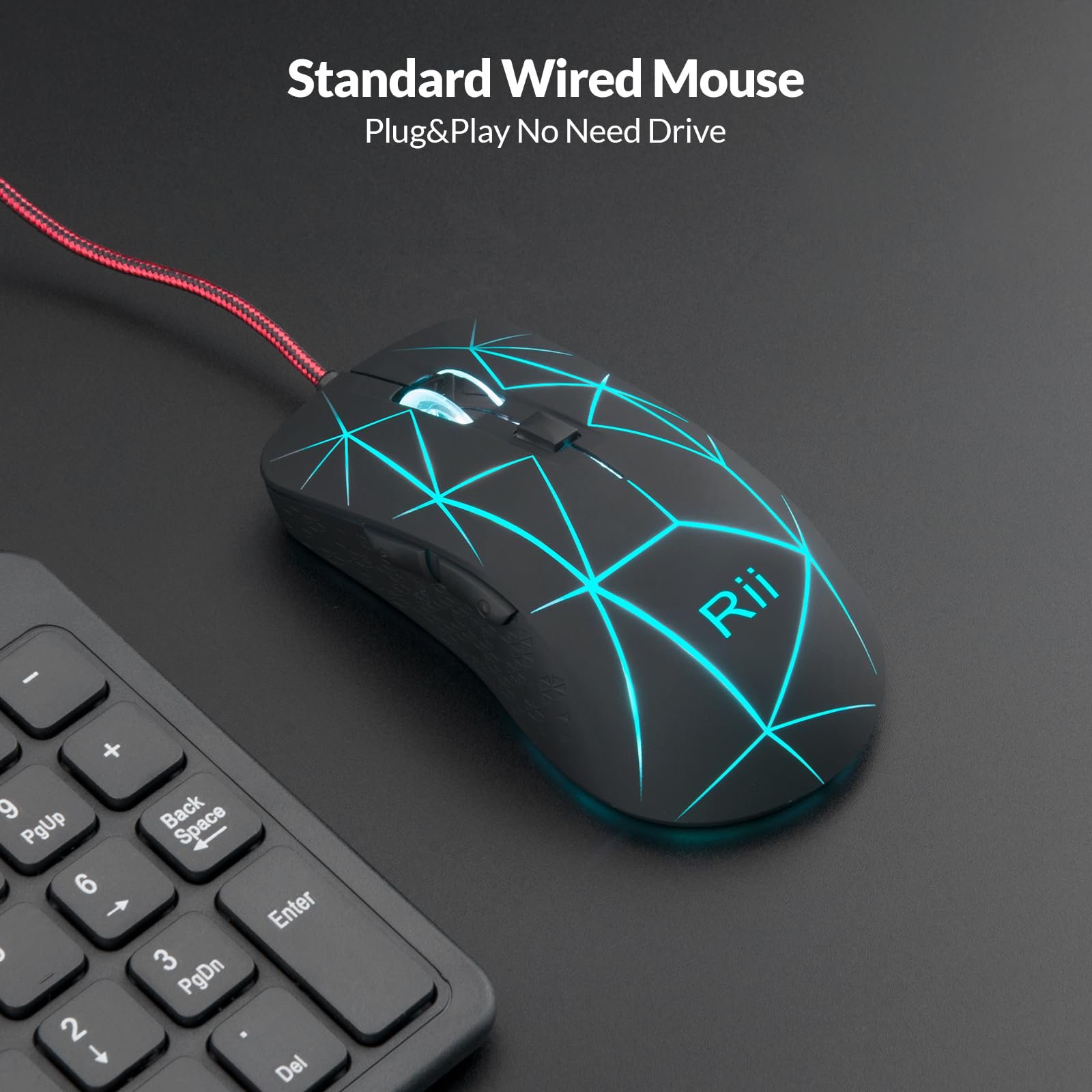 Мышь игровая Rii оптическая, 6 кнопок, 1200/1600/2400/3200 DPI, RGB, узор Burst, USB кабель 150 см, черная, фото №6