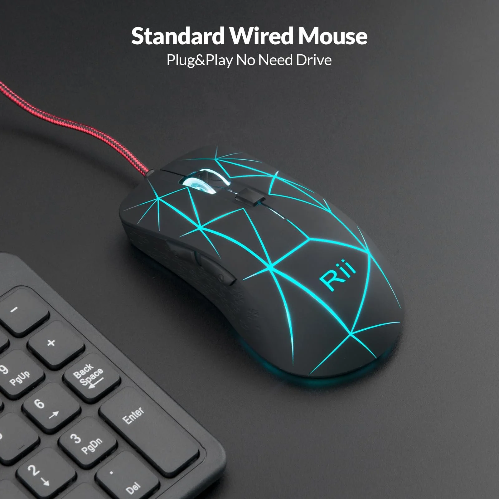 Мышь игровая Rii оптическая, 6 кнопок, 1200/1600/2400/3200 DPI, RGB, узор Burst, USB кабель 150 см, черная, фото №6