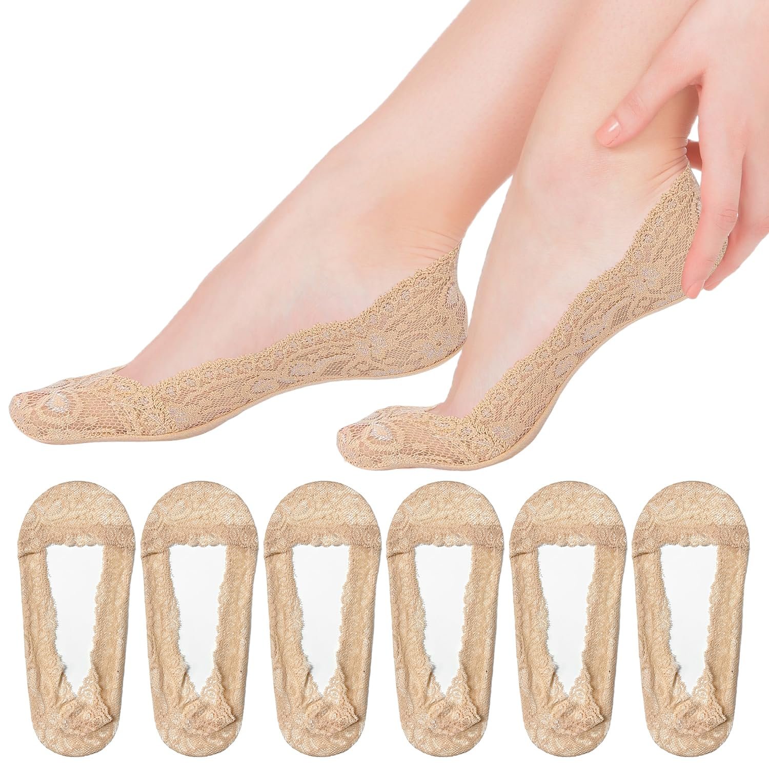 Женские носки-невидимки Кружевные 6 пар - Нескользящие низкие с силиконовым захватом для мокасин / балеток / кроссовок / туфель (Натуральный), фото №1