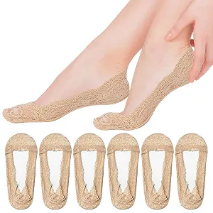 Женские носки-невидимки Кружевные 6 пар - Нескользящие низкие с силиконовым захватом для мокасин / балеток / кроссовок / туфель (Натуральный) - Фото 1