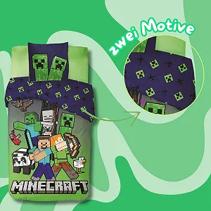 Постельное белье Minecraft 135 x 200 см - Двусторонний пододеяльник с наволочкой 80 x 80 см - Официальный мотив Creeper synthetic.ua - Фото 1