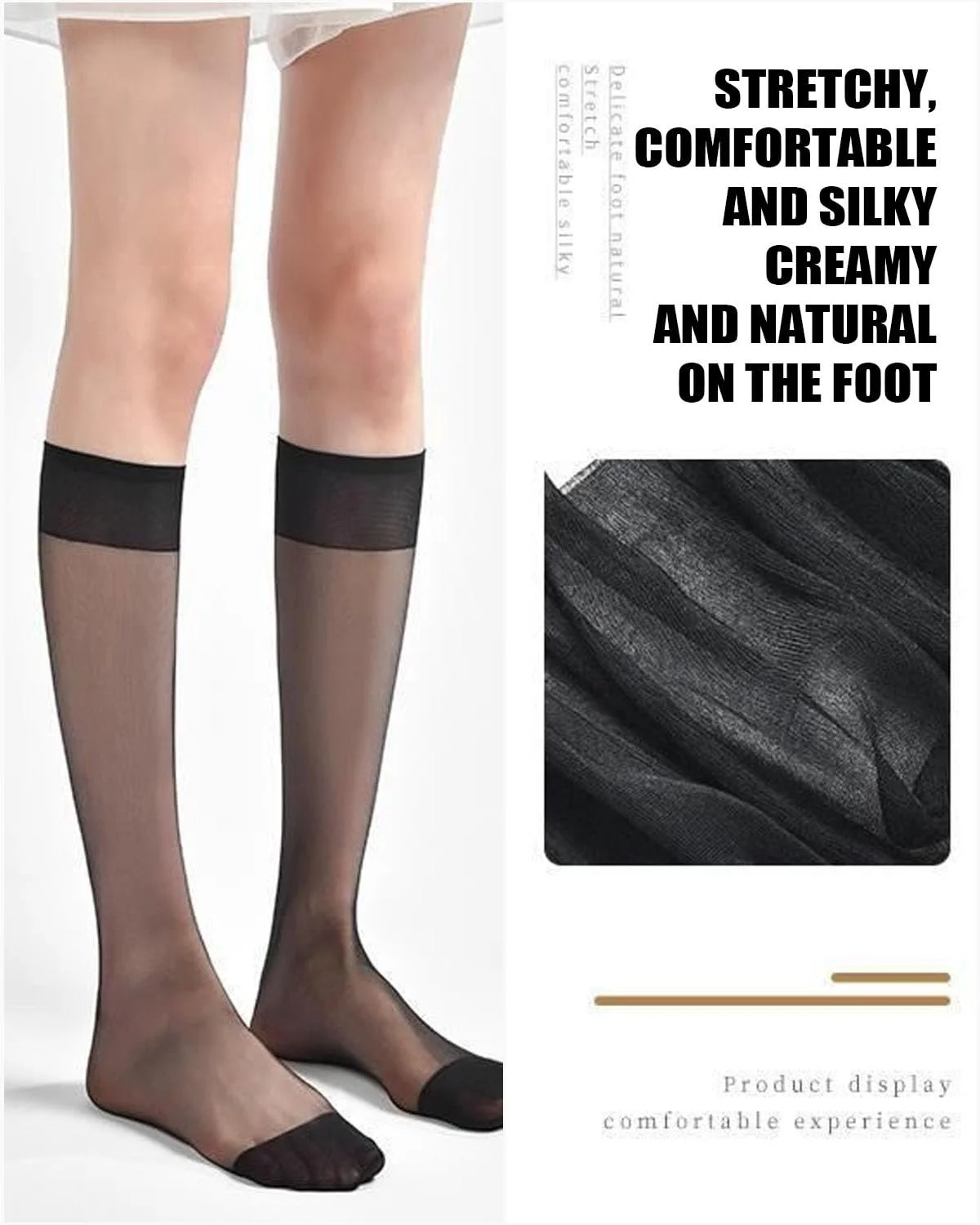 Чулки до колен Женские Нейлоновые Тонкие Прозрачные Шелковистые с Широким Комфортным Поясом - 6 пар, фото №5 Чулки до колен Женские Нейлоновые Тонкие Прозрачные Шелковистые с Широким Комфортным Поясом - 6 пар, фото №5