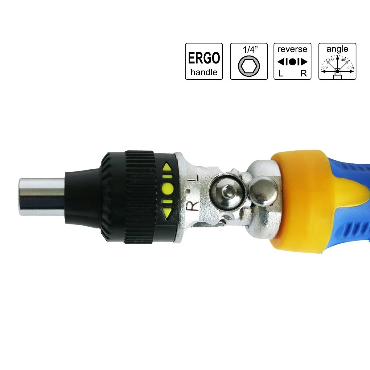 Отвертка угловая S&R Регулируемый держатель бита 180° Магнитный с трещоткой, фото №2 Отвертка угловая S&R Регулируемый держатель бита 180° Магнитный с трещоткой, фото №2