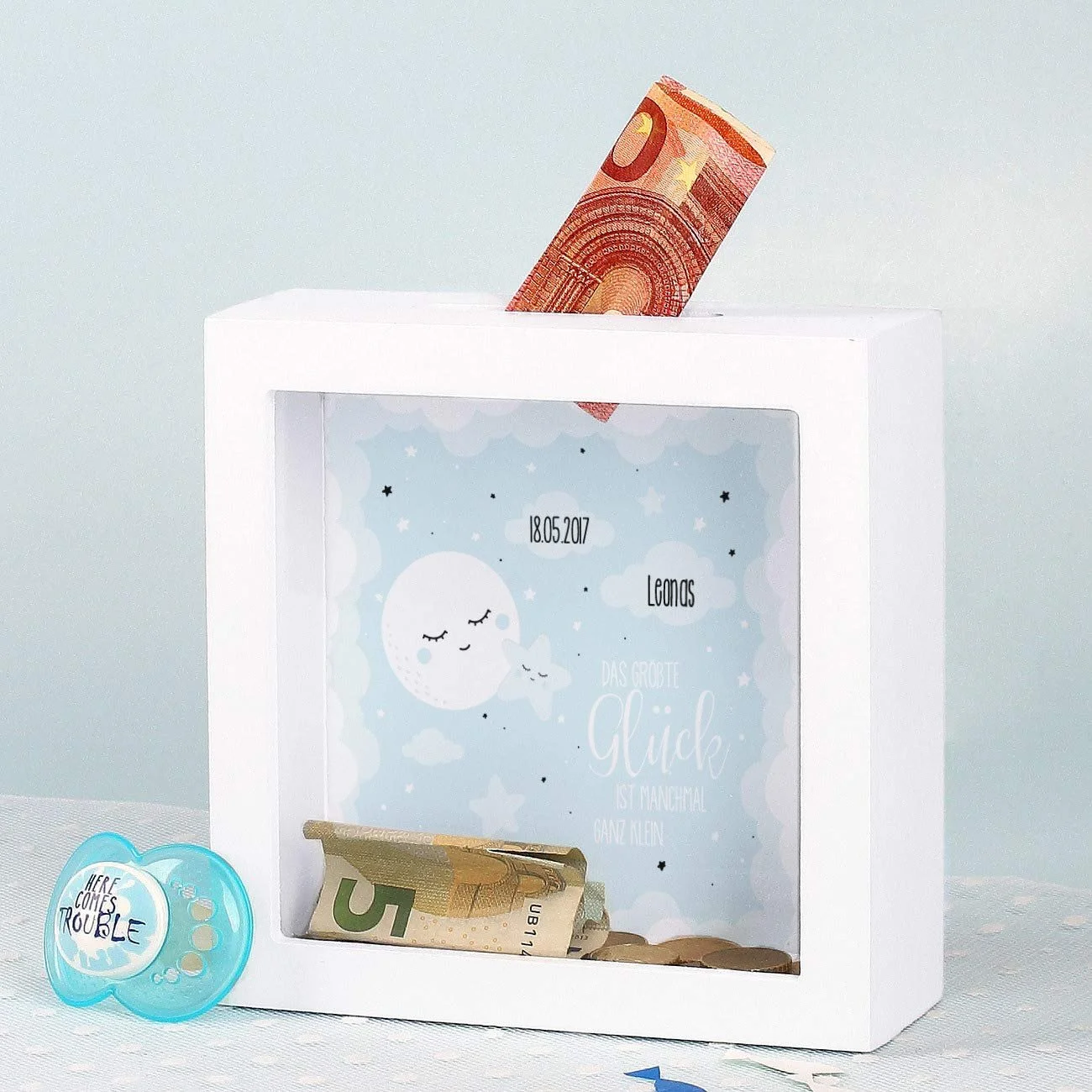 Копилка Striefchen Moon Blue для новорожденного с именем и датой рождения Голубая, фото №2