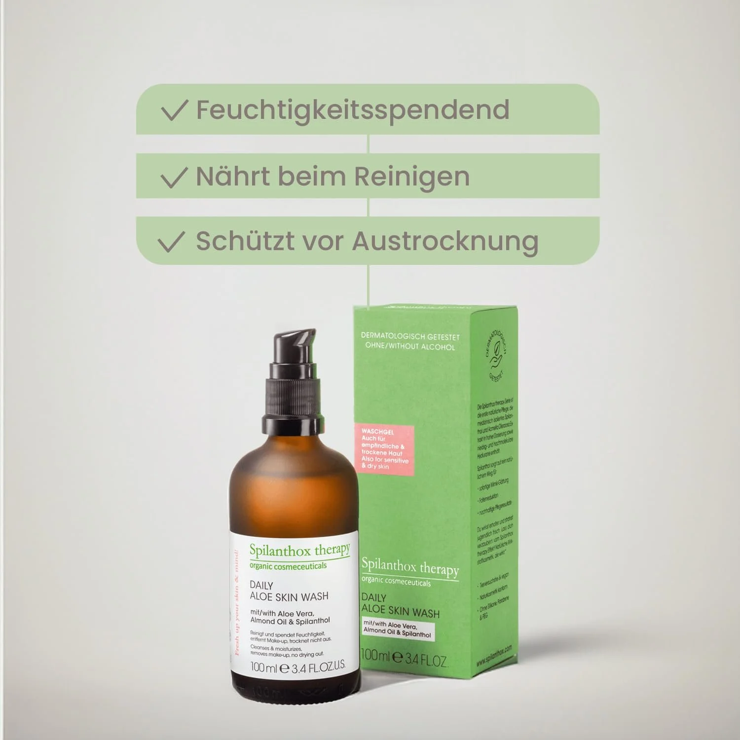 Засіб для вмивання Spilanthox therapy Daily Aloe Skin Wash з алое вера для ніжного очищення обличчя з органічним алое вера, мигдальною олією та вітаміном Е веганська натуральна косметика 100 мл, фото №3