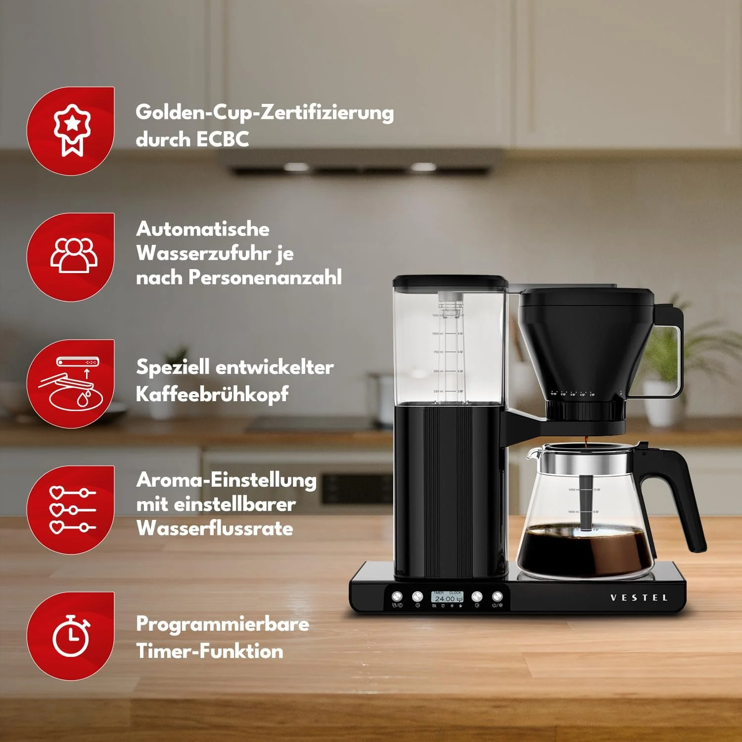 Капельная кофеварка Vestel FCM9065 Golden Cup 1.25 л 10 чашек 1550 Вт черная, фото №3