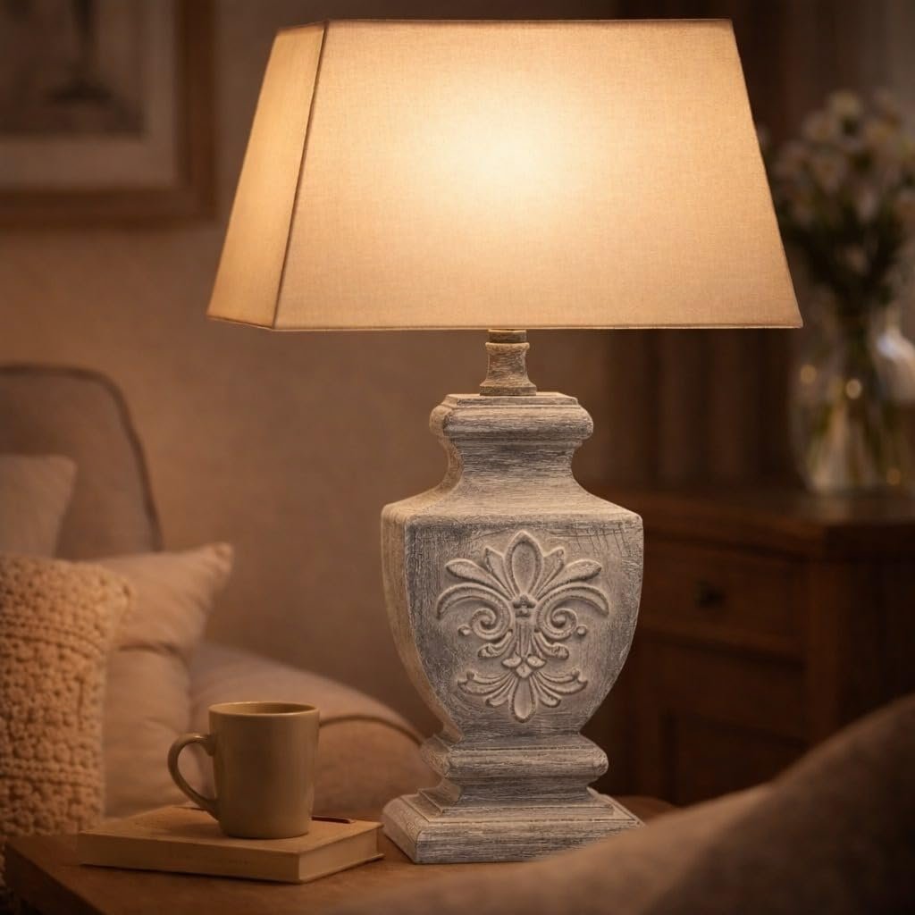 Настільна лампа DRULINE Shabby Chic сіра дерев'яна основа з абажуром 1 x E27 37 x 53 x 17 см, фото №5