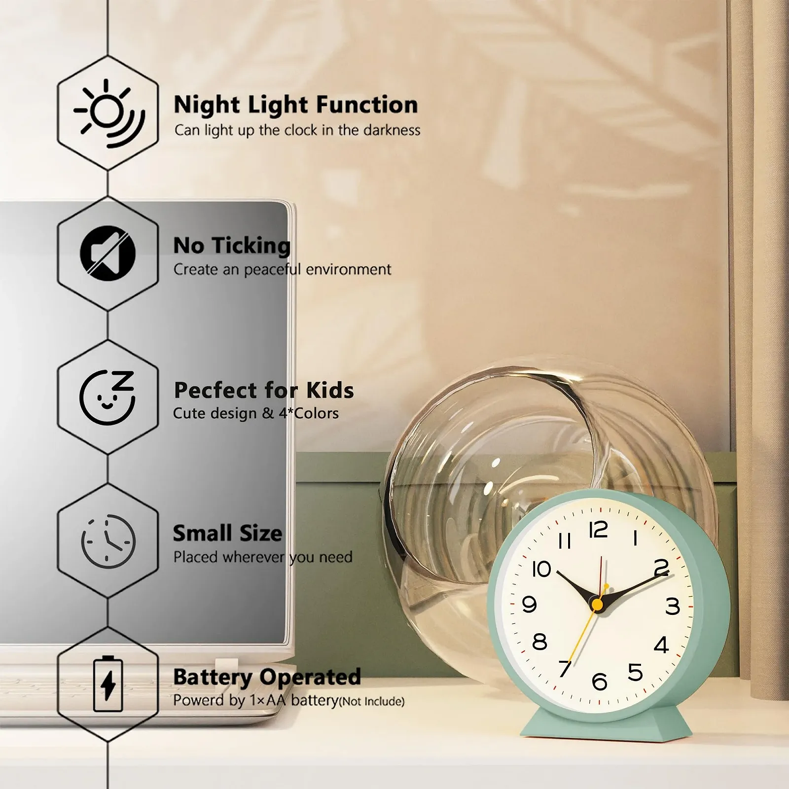 Аналоговый будильник AYRELY®, 4,5 дюйма, маленький ретро настольный часок с питанием от батареек, тихий металлический настольный часок с подсветкой для гостиной, спальни, прикроватной тумбочки, полки (зеленый), фото №2 Аналоговый будильник AYRELY®, 4,5 дюйма, маленький ретро настольный часок с питанием от батареек, тихий металлический настольный часок с подсветкой для гостиной, спальни, прикроватной тумбочки, полки (зеленый), фото №2