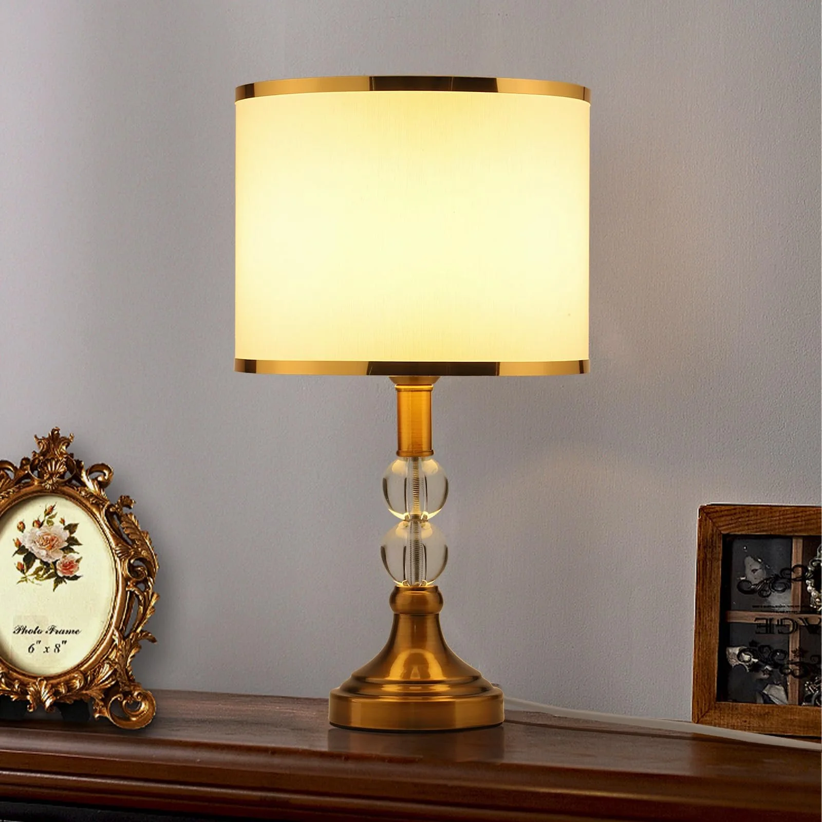 Настільна лампа E27 Crystal Кришталь Тканина Метал 25x47 см Золото з білим, фото №2