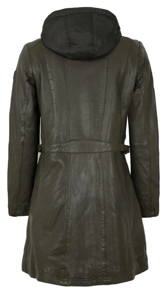 Шкіряне пальто з капюшоном Gipsy by Mauritius Lamb Nappa оливкового кольору, фото №4