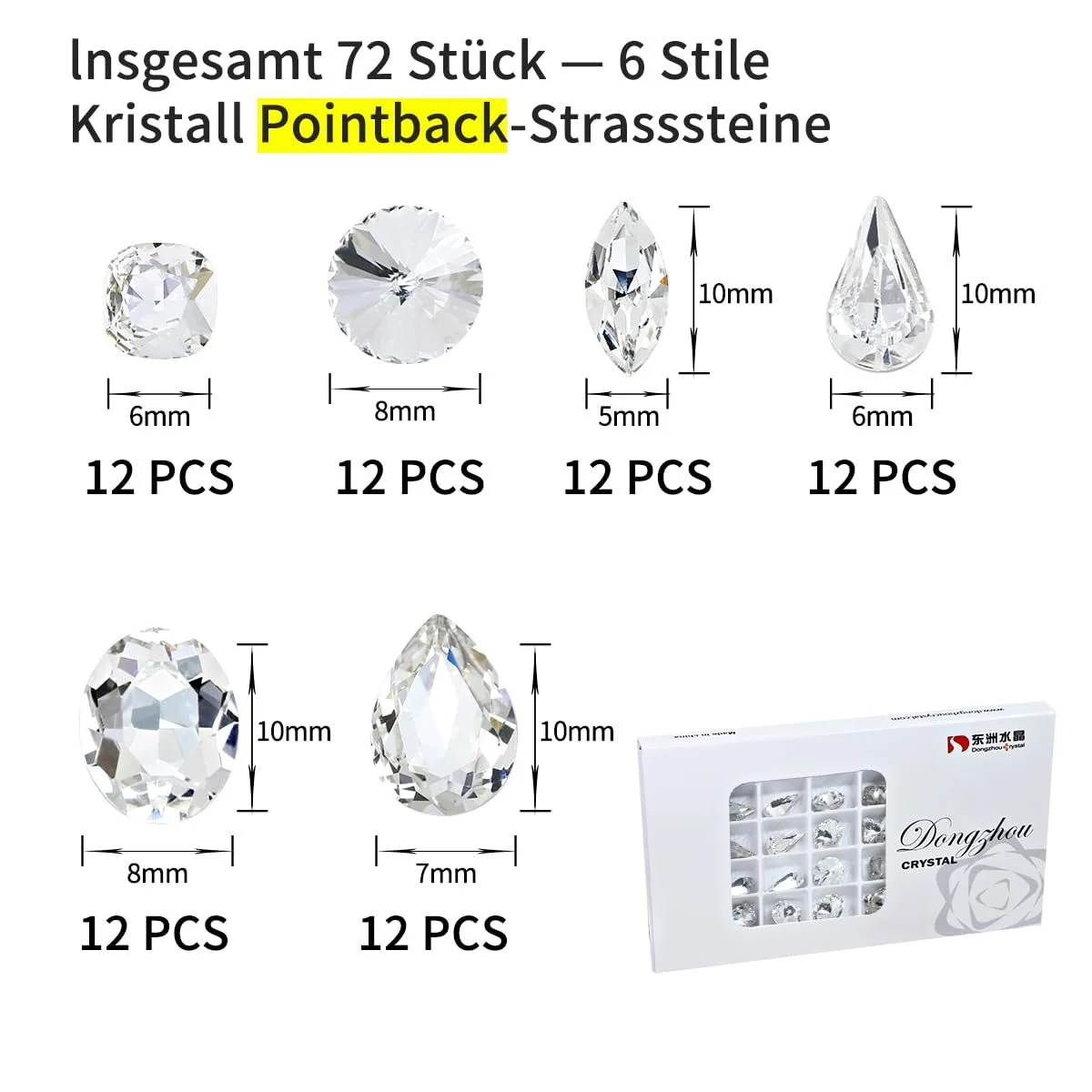 Кристаллы DONGZHOU Белые Блестящие Камни для Ногтей, 72 шт, фото №2