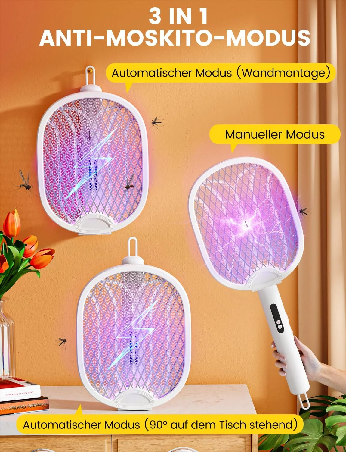 Мухобійка електрична 4000 V 1800 mAh 3-in-1 USB Type-C LED Foldable, фото №5