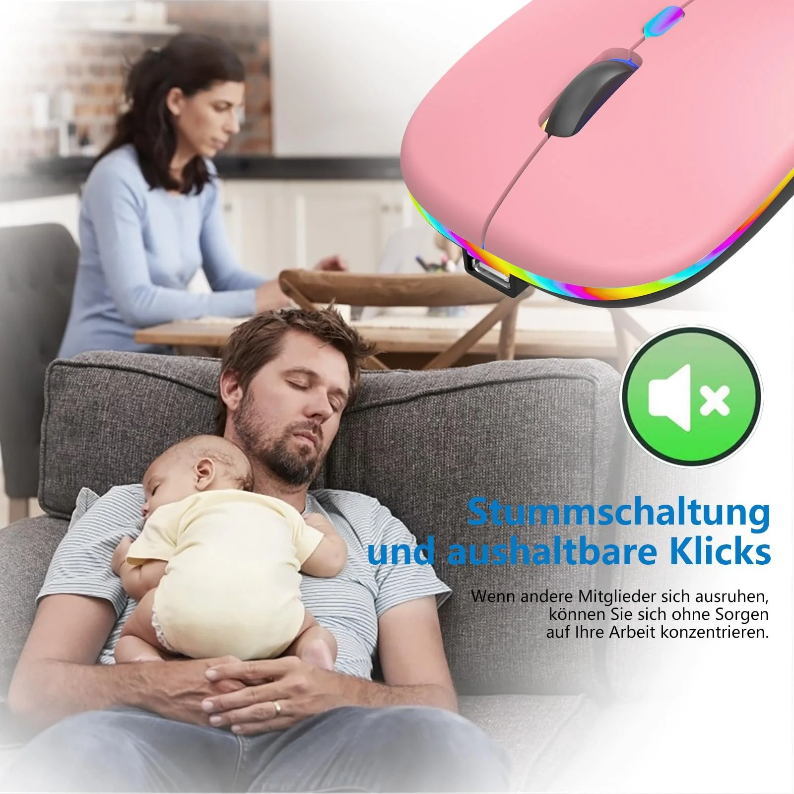 Мышь Беспроводная HZD Перезаряжаемая RGB Bluetooth с USB ресивером 1000-1600 DPI регулируемая Розовая, фото №3