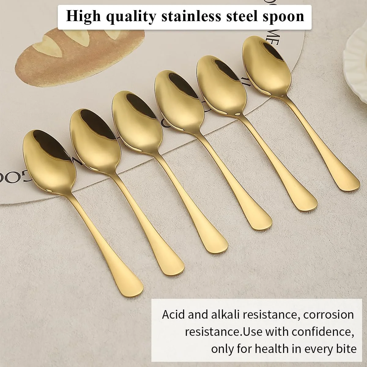 Ложки столові Gold, 12 штук, нержавіюча сталь з титановим золотим покриттям, для дому, ресторану, весілля, вечірок, заходів, Різдва, фото №3